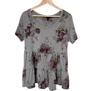Torrid Flared Waist Floral Heather Grey Short Sleeve Tunic Top